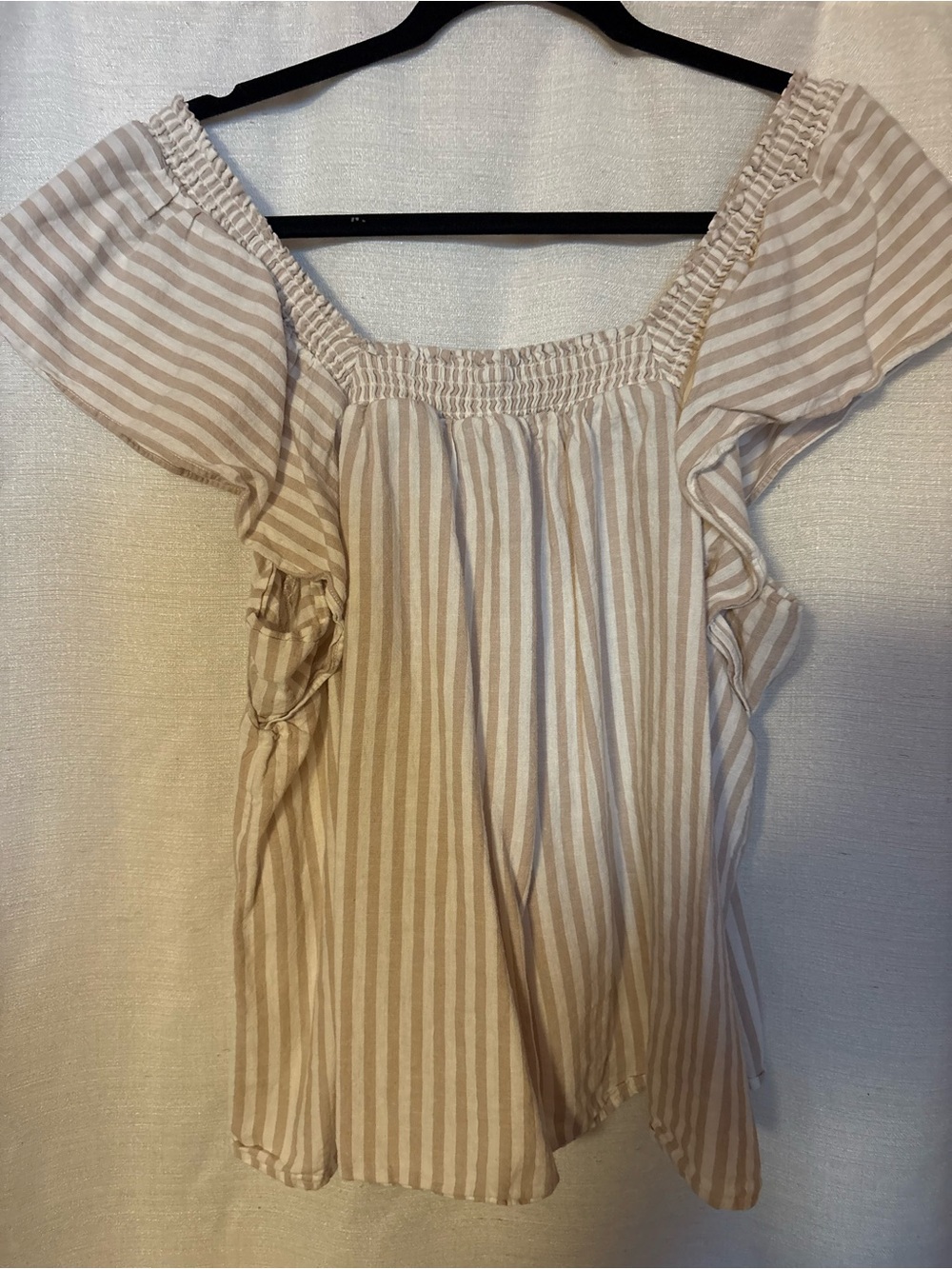 a new day Beige and White Striped Off-Shoulder Linen Blend Flutter Sleeve Top